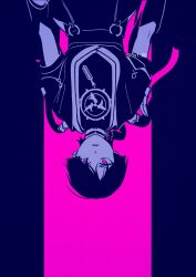  0s1_00 1boy arms_at_sides black_border blunt_ends border cable genshin_impact highres japanese_clothes jewelry kimono layered_sleeves looking_at_viewer male_focus mitsudomoe_(shape) monochrome neck_ring o-ring open_clothes open_kimono parted_lips pillarboxed pink_background pink_eyes scaramouche_(genshin_impact) short_sleeves shorts solo tomoe_(symbol) tsurime twitter_username upside-down wide-eyed wispy_bangs 
