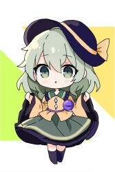  13nonaigdaz 1girl black_hat black_socks bow buttons chibi chibi_only collared_shirt commentary_request diamond_button disembodied_linked_eye eyeball frilled_shirt_collar frilled_skirt frilled_sleeves frills full_body green_eyes green_hair green_skirt hat hat_bow komeiji_koishi long_sleeves looking_at_viewer medium_hair shirt skirt socks solo touhou wide_sleeves yellow_bow yellow_shirt 