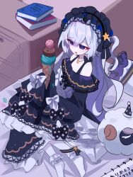  1girl absurdres bare_shoulders black_ribbon blue_dress blue_hairband book bow collarbone crescent crescent_necklace dress dress_bow food frilled_dress frilled_hairband frilled_sleeves frilled_socks frills full_body gothic_lolita hair_over_one_eye hair_ribbon hairband highres holding holding_food holding_ice_cream holding_ice_cream_cone ice_cream ice_cream_cone jewelry leg_ribbon lolita_fashion lolita_hairband long_hair long_sleeves mahou_shoujo_no_majo_saiban natsume_an-an necklace off-shoulder_dress off_shoulder on_bed one_eye_covered open_mouth polka_dot polka_dot_bow ribbon sen_mitsu_kata_shi_yuki_jaku_kanou sitting sketchbook sleeve_bow sleeves_past_fingers sleeves_past_wrists socks solo stuffed_animal stuffed_sheep stuffed_toy translation_request violet_eyes white_hair white_socks wide_sleeves yokozuwari 