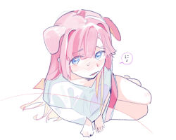  1girl animal_ears anyoji_hime anyoji_hime_(summer_loungewear) blonde_hair blue_eyes blush commentary_request dog_ears dog_girl full-face_blush gradient_hair highres kemonomimi_mode leaning_to_the_side looking_at_viewer love_live! love_live!_hasu_no_sora_jogakuin_school_idol_club multicolored_hair pink_hair pipi_(m1x_mix) shirt solo t-shirt virtual_youtuber white_shirt 