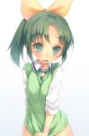  blush bottomless covering covering_crotch green green_eyes green_hair midorikawa_nao mikage_sekizai open_mouth ponytail precure school_uniform shirt_tug short_hair sleeves_rolled_up smile_precure! solo sweatdrop sweater_vest 