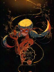  1girl black_background black_bodysuit blue_eyes blue_hair bodysuit closed_mouth commentary eye_mask gold gradient_hair highres ladybug_(miraculous_ladybug) long_hair marinette_dupain-cheng mask miraculous_ladybug multicolored_bodysuit multicolored_hair red_bodysuit red_hair red_mask seio_(nao_miragggcc45) smile solo twintails two-tone_hair untranslatable_commentary watermark 