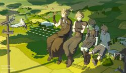  4boys absurdres age_progression armor bird bird_on_hand black_boots black_cape black_gloves black_pants black_shirt black_sleeves black_vest blonde_hair blue_shorts boots braid cape cloud_strife commentary_request crisis_core:_final_fantasy_vii crossed_ankles crossed_arms final_fantasy final_fantasy_vii final_fantasy_vii:_advent_children final_fantasy_vii_remake full_body gloves green_scarf highres knee_pads low_ponytail male_focus multiple_boys outdoors pants pauldrons ponytail power_lines ribbed_shirt ribbed_vest scarf shinra_infantry_uniform shirt shirt_under_shirt short_hair shorts shoulder_armor single_braid single_pauldron single_sleeve sitting sleeveless sleeveless_turtleneck spiky_hair suspenders turtleneck vest waist_cape white_shirt zhanwwww136101 