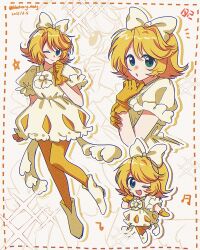  1girl alternate_costume blonde_hair blueberry_hedy bow breasts chibi commentary_request dress fang gloves green_eyes hair_bow highres kagamine_rin looking_at_viewer one_eye_closed open_mouth pantyhose shoes small_breasts smile vocaloid white_bow white_dress white_shoes yellow_gloves yellow_pantyhose 