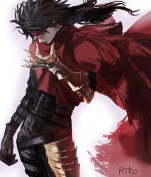  1boy arm_belt armor artist_name belt belt_buckle black_belt black_hair buckle cape clawed_gauntlets closed_eyes closed_mouth commentary_request contrapposto cowboy_shot final_fantasy final_fantasy_vii final_fantasy_vii_rebirth final_fantasy_vii_remake floating_hair headband highres long_hair long_sleeves male_focus red_cape red_headband simple_background solo tori_(labyrinth_fft) vincent_valentine white_background 