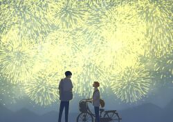  2boys aerial_fireworks backpack bag bicycle black_hair blue_pants commentary_request dear819and0 fireworks from_behind grey_bag haikyuu!! highres hinata_shouyou kageyama_tobio male_focus mountainous_horizon multiple_boys orange_hair outdoors pants shirt short_hair short_sleeves shoulder_bag sky standing t-shirt very_short_hair white_shirt 