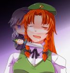  angry blue_eyes bow braid closed_eyes drooling eyes_closed from_behind hair_bow hat hong_meiling izayoi_sakuya knife large_breasts long_hair multiple_girls nose_bubble open_mouth reverse_grip saliva short_hair sisenshyo sleeping snot_bubble star touhou twin_braids 