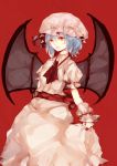  absurdres ascot bat_wings blue_hair brooch dress hat highres jewelry lips red_background remilia_scarlet short_hair smile solo touhou wings wrist_cuffs 