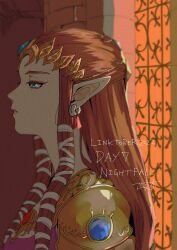  1girl absurdres armor blue_eyes brown_hair dress earrings eyeliner gold_armor hair_ribbon half_updo highres jewelry long_hair makeup parted_bangs parted_lips pink_dress pointy_ears princess_zelda red_eyeliner ribbon shoulder_armor shrub_mtg sidelocks solo the_legend_of_zelda the_legend_of_zelda:_twilight_princess tiara upper_body white_ribbon window 