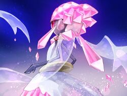  colored_sclera crystal diancie fusenryo gem mega_diancie mega_pokemon no_humans pink_gem pokemon pokemon_(creature) pokemon_focus red_eyes solo 