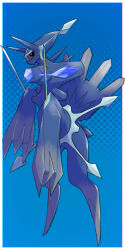  black_sclera blue_background border colored_sclera commentary_request dialga dialga_(origin) full_body hama_sou highres no_humans pokemon pokemon_(creature) pokemon_focus red_eyes solo white_border 