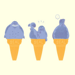  ... ? ?? ^_^ absurdres animal animal_focus closed_eyes closed_mouth commentary_request fish fish_in_mouth highres ice_cream_cone looking_at_viewer mt_note no_humans original seal_(animal) simple_background speech_bubble spoken_ellipsis upside-down 
