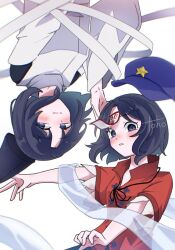  2girls bandaged_arm bandages black_hair black_hat black_ribbon blush chinese_clothes commentary_request dual_persona hat hat_ornament japanese_clothes jiangshi kariginu looking_at_viewer matiko_toho miyako_yoshika miyako_yoshika_(living) multiple_girls neck_ribbon newsboy_cap ofuda outstretched_arms protected_link purple_hat red_shirt ribbon shirt short_hair short_sleeves simple_background star_(symbol) star_hat_ornament tangzhuang tate_eboshi touhou upper_body violet_eyes white_background wide_sleeves zombie_pose 