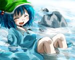  ^_^ bare_legs blue_hair closed_eyes eyes_closed hair_bobbles hair_ornament hat kawashiro_nitori open_mouth partially_submerged river rock skirt smile solo touhou unya water 
