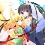  animal_ears armpits black_hair blonde_hair bow_(weapon) chico152 colored_eyelashes detached_sleeves fox_ears fox_tail gradient_hair green_eyes hair_ornament japanese_clothes long_hair looking_at_viewer multicolored_hair multiple_girls official_art orange_hair otome_tensei_grimoire_den purple_eyes sarashi smile sword tail violet_eyes weapon wide_sleeves 