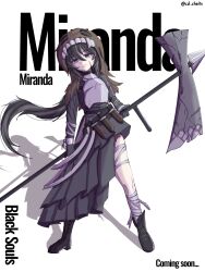  1girl armor artist_name axe bandaged_leg bandages battle_axe black_dress black_hair black_souls boots breastplate brown_hood brown_veil cd_chaika character_name dress gloves grey_eyes hair_between_eyes high_heels highres holding holding_axe holding_weapon long_hair looking_at_viewer miranda_(black_souls) scythe shadow solo teeth veil weapon white_background 