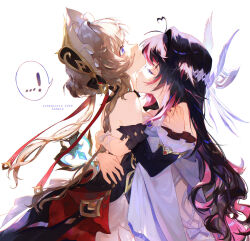  ...? 2girls arm_ribbon arms_around_another's_back bad_source bare_shoulders black_collar black_dress black_hair black_sleeves blue_eyes blush bonnet braid braided_base breasts brown_hair bun_with_braided_base closed_eyes closed_mouth collar columbina_(genshin_impact) detached_sleeves dress genshin_impact gradient_hair hair_bun hair_ornament hand_on_lap head_wings headdress heart heart-shaped_hair highres hug kiss kissing_neck long_hair long_sidelocks long_sleeves multicolored_hair multiple_girls multiple_wings nideqiulin purple_hair purple_streaks ribbon sandrone_(genshin_impact) short_hair short_hair_with_long_locks sidelocks simple_background streaked_hair two-tone_hair very_long_hair white_background white_dress white_headdress white_wings winding_key wing_hair_ornament wings wrist_bow yuri 