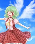  :d ahoge ascot blue_sky blush cloud clouds dress_shirt fang feathers green_hair happy kazami_yuuka mokku open_mouth outstretched_arms plaid plaid_skirt plaid_vest red_eyes shirt short_hair skirt sky smile solo spread_arms touhou wings youkai 