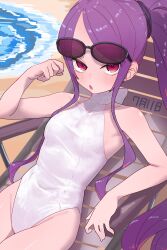  1girl beach chair commentary_request day fate/grand_order fate_(series) highleg highres long_sidelocks looking_at_viewer lounge_chair niwaikanai one-piece_swimsuit open_mouth ponytail purple_hair sand sidelocks sitting solo sunglasses swimsuit translation_request violet_eyes water white_one-piece_swimsuit wu_zetian_(fate) wu_zetian_(swimsuit_caster)_(fate) 