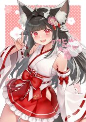  1girl ahoge animal_ear_fluff animal_ears black_hair blunt_bangs bow commission cowboy_shot detached_sleeves flower fox_ears fox_girl fox_shadow_puppet fox_tail frilled_skirt frills hair_flower hair_intakes hair_ornament highres looking_at_viewer mitake_eil nontraditional_miko open_mouth original pink_background polka_dot polka_dot_background red_bow red_eyes red_ribbon red_skirt ribbon ribbon-trimmed_sleeves ribbon_trim signature skeb_commission skirt smile solo tail thank_you 