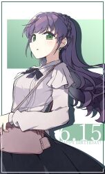  1girl absurdres bag black_ribbon black_skirt braid brown_bag commentary cowboy_shot crown_braid dated earrings flower_earrings frilled_shirt frills green_background green_eyes happy_birthday highres jewelry long_hair looking_at_viewer love_live! love_live!_hasu_no_sora_jogakuin_school_idol_club neck_ribbon otomune_kozue otomune_kozue_(post-graduation_casual) purple_hair ribbon shirt shoulder_bag sidelocks sio_pasta skirt solo untranslatable_commentary very_long_hair virtual_youtuber white_shirt 