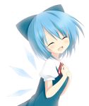  blue_eyes blue_hair bust cirno closed_eyes eyes_closed fang hands_together happy oniku-chan open_mouth short_hair simple_background smile solo touhou white_background wings 