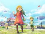  2boys blonde_hair blue_eyes blue_sky boots cloud clouds dress groose laughing link loftwing multiple_boys princess_zelda red_hair redhead sky skyward_sword smile the_legend_of_zelda usamichan young 