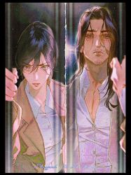  1boy 1girl artist_name beard behind_bars black_border black_hair blurry blurry_foreground border breasts brown_hair brown_jacket closed_mouth collared_shirt commentary english_commentary eren_yeager facial_hair furrowed_brow grey_eyes grey_jacket hair_between_eyes jacket lacampanule long_hair looking_at_another medium_breasts mikasa_ackerman mustache paradis_military_uniform parted_bangs parted_lips pectorals prison_cell scar scar_on_cheek scar_on_face shingeki_no_kyojin shirt short_hair upper_body white_shirt 