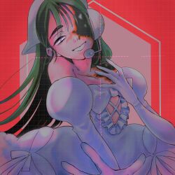  1girl alien_stage black_hair bow chest_bow commentary_request dress dress_bow elbow_gloves frilled_dress frills gloves hakuseki333 highres red_background smile solo sua_(alien_stage) sua_(zombie_stage) thick_eyebrows violet_eyes white_bow white_gloves zombie_stage 