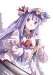  book crescent gurasion_(gurasion) hat highres holding holding_book long_hair looking_at_viewer patchouli_knowledge purple_eyes purple_hair solo touhou vertical_stripes violet_eyes 