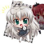  ahoge checkered checkered_skirt chibi cthugha_(nyaruko-san) green_eyes haiyore!_nyaruko-san multiple_girls noai_nioshi nyarlathotep_(nyaruko-san) open_mouth red_eyes red_hair redhead school_uniform silver_hair skirt thigh-highs thighhighs white_legwear 