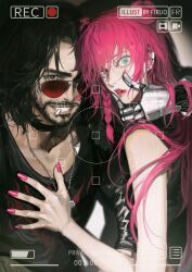  1boy 1girl absurdres artist_name aviator_sunglasses bare_arms battery_indicator beard black_choker black_eyes black_hair black_tank_top blue_eyes braid character_request choker cigarette collarbone commission curtained_hair cyberpunk_(series) cyberpunk_2077 dog_tags double_bun earrings facial_hair fingernails firuo grin hair_between_eyes hair_bun hand_on_another's_chest highres jewelry johnny_silverhand lipstick lipstick_mark lipstick_mark_on_face looking_at_viewer looking_over_eyewear makeup mechanical_arms medium_hair mihuashi_commission mouth_hold nail_polish necklace nose parted_lips pink_hair pink_nails recording red-tinted_eyewear side_braid single_mechanical_arm smeared_lipstick smile smoking stud_earrings sunglasses tank_top teeth tinted_eyewear upper_body viewfinder 