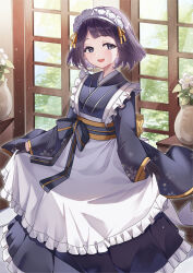  1girl :d absurdres apron black_eyes black_gloves black_kimono bob_cut curtsey day dress flower frilled_apron frills gloves half_gloves highres indoors japanese_clothes kimono long_dress long_sleeves maid maid_headdress open_mouth original purple_hair risumi_(taka-fallcherryblossom) short_hair smile solo vase wa_maid 