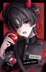  1boy :p absurdres alternate_costume apple armband bishie_sparkle black_border black_hair black_jacket black_pants black_sleeves blunt_ends blush border character_name chibi chibi_inset commentary contemporary cropped demon_boy demon_horns demon_tail drop_shadow earrings english_text eyeliner fangs fingernails food fruit gakuran genshin_impact hand_up hetero highres holding holding_food holding_fruit horns jacket jewelry layered_sleeves long_sleeves looking_at_viewer makeup male_focus open_mouth pants portrait red_armband red_background red_eyeliner red_eyes red_horns red_tail scaramouche_(genshin_impact) school_uniform solo tail talking_ok teeth tongue tongue_out tsurime twitter_username violet_eyes white_sleeves 