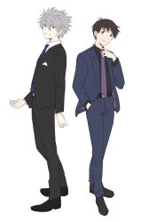  2boys adjusting_clothes adjusting_necktie back-to-back belt black_belt black_jacket black_pants black_shirt black_shoes black_suit blue_eyes blue_necktie choppy_bangs commentary_request dress_shirt full_body grey_hair hair_between_eyes hand_in_pocket highres ikari_shinji jacket looking_at_viewer male_focus multiple_boys nagisa_kaworu necktie neon_genesis_evangelion pants purple_necktie red_eyes shirt shoes short_hair simple_background standing suit tousok white_background white_shirt 