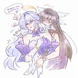  ! !! 2girls arm_ribbon bead_bracelet beads biting black_hair blue_hair blunt_bangs blush bracelet breasts choker clenched_hand closed_eyes closed_mouth collarbone colored_inner_hair columbina_(genshin_impact) company_connection crossover detached_sleeves dress earrings english_commentary english_text feathered_wings four-pointed_star genshin_impact gloves gradient_hair green_eyes hair_between_eyes halo hand_up head_wings heart honkai:_star_rail honkai_(series) hug hug_from_behind jewel_under_eye jewelry long_hair looking_afar medium_breasts mihoyo multicolored_hair multiple_girls multiple_wings purple_choker purple_dress purple_hair purple_sleeves ribbon robin_(honkai:_star_rail) short_sleeves simple_background single_earring speech_bubble spoken_heart star_(symbol) star_choker star_earrings strapless strapless_dress teeth two-tone_dress two-tone_hair upper_body very_long_hair wavy_hair white_background white_dress white_gloves white_ribbon wings yammyyml yuri 