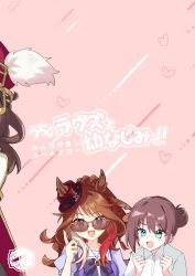  3girls absurdres animal_ears blue_eyes bow bowtie breasts brown_hair commentary_request ears_through_headwear fang fedora female_trainer_(umamusume) forever_young_(umamusume) green_eyes hair_bun hat highres horse_ears horse_girl long_hair looking_at_viewer marche_lorraine_(racing)_(umamusume) marche_lorraine_(umamusume) multicolored_hair multiple_girls necktie norun_(ru-on) open_mouth puffy_short_sleeves puffy_sleeves purple-tinted_eyewear purple_bow purple_bowtie purple_shirt red-tinted_eyewear red_streaks sailor_collar sailor_shirt school_uniform shirt short_sleeves smile streaked_hair summer_uniform sunglasses teeth tinted_eyewear tracen_school_uniform trainer_(umamusume) umamusume upper_body upper_teeth_only white_necktie white_sailor_collar white_shirt 