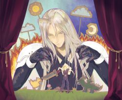  2boys aqua_eyes armor black_coat black_gloves blonde_hair buster_sword chest_strap chocobo closed_mouth cloud_strife clouds coat commentary crescent_moon curtains dragon english_commentary final_fantasy final_fantasy_vii fire gloves grey_hair hair_between_eyes highres long_hair looking_at_another male_focus marionette materia moon multiple_boys pauldrons puppet puppet_strings sephiroth short_hair shoulder_armor single_pauldron slit_pupils smile spiky_hair sun upper_body yomokarii 