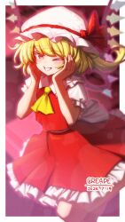  1girl artist_name ascot blonde_hair blush collared_shirt commentary_request creape crystal crystal_wings dated flandre_scarlet frilled_shirt_collar frilled_skirt frills grin hands_on_own_cheeks hands_on_own_face hat hat_ribbon highres looking_at_viewer mob_cap multicolored_wings one_eye_closed one_side_up puffy_short_sleeves puffy_sleeves red_eyes red_skirt red_vest ribbon shirt short_sleeves skirt skirt_set smile solo touhou vest white_hat white_shirt wings yellow_ascot 