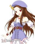  :d belt beret brown_hair character_name cwc0520 dress hat idolmaster jewelry long_hair mico_(cwc) minase_iori necklace off_shoulder open_mouth red_eyes ryuuguu_komachi smile solo wrist_cuffs 