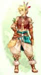  alternate_costume armband blonde_hair blue_eyes feathers highres maishi male sandals short_hair shulk solo tattoo tribal vest xenoblade 