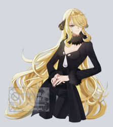  1girl black_coat black_pants black_shirt blonde_hair breasts closed_mouth coat cynthia_(pokemon) fur-trimmed_coat fur-trimmed_sleeves fur_collar fur_trim grey_eyes hair_ornament hair_over_one_eye long_hair long_sleeves looking_at_viewer pants pokemon pokemon_diamond/pearl/platinum sakaralalala shirt simple_background smile solo very_long_hair 