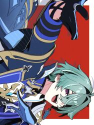  1boy :d ahoge aqua_hair armor artist_name black_choker black_gloves blue_cape blue_coat blue_gloves blue_shirt border cape choker coat collared_shirt commentary_request crazy_smile crossed_bangs earrings genshin_impact gloves gold_trim hair_between_eyes hair_intakes hand_up highres jewelry lapels lohen_(genshin_impact) long_sleeves looking_at_viewer male_focus mole mole_under_eye multicolored_eyes multicolored_gloves open_clothes open_coat open_mouth outside_border outstretched_arm pauldrons red_background ring shirt short_hair shoulder_armor sideways single_earring single_pauldron sleeve_cuffs smile solo susukeya teeth twitter_username two-tone_gloves upper_body upper_teeth_only violet_eyes white_border white_shirt wing_collar 