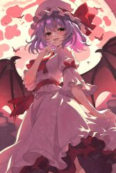  1girl ascot back_bow bat_(animal) bat_wings blush bow breasts collared_shirt colored_inner_hair commentary_request frilled_shirt_collar frilled_skirt frills full_moon hat hat_bow highres holding_own_skirt lips_creator777 looking_at_viewer medium_hair mob_cap moon multicolored_hair night open_mouth pink_hair pink_hat pink_shirt pink_skirt purple_hair red_ascot red_bow red_eyes remilia_scarlet shirt skirt skirt_set sleeve_bow small_breasts smile solo teeth touhou upper_teeth_only wings 