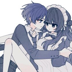  1boy 1girl alternate_costume apron belt belt_buckle between_legs black_belt black_dress black_eyes black_hair black_jacket black_necktie black_sleeves blunt_bangs blunt_ends breasts buckle character_request closed_mouth collared_shirt commentary_request commission contemporary dress dress_shirt expressionless eye_contact eyeliner face-to-face formal_clothes genshin_impact hair_bun hetero holding_another's_wrist jacket korean_commentary layered_sleeves long_sidelocks long_sleeves looking_at_another maid maid_apron maid_headdress makeup necktie oc_x_canon open_clothes open_jacket original partially_unbuttoned purple_hair qzcommission red_eyeliner scaramouche_(genshin_impact) second-party_source shirt short_hair_with_long_locks sidelocks sideways_mouth small_breasts suit_jacket tsurime undershirt white_apron white_shirt white_sleeves 