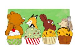  animal_focus arms_up bear cherry closed_eyes closed_mouth commentary_request cupcake food food_on_face food_wrapper fork fox fruit holding holding_fork icing momoro no_humans open_mouth original porcupine rabbit smile 