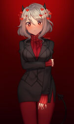  1girl alumeii artist_name black_horns black_skirt black_suit black_tail blush breasts commentary cowboy_shot demon_girl demon_horns demon_tail english_commentary hand_on_own_arm heart heart-shaped_pupils helltaker highres horns medium_breasts modeus_(helltaker) overlighting pantyhose pencil_skirt red_background red_eyes red_pantyhose red_sweater short_hair side_slit skirt solo suit sweater symbol-shaped_pupils tail turtleneck turtleneck_sweater white_hair 