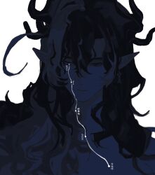  1boy absurdres arknights body_markings body_writing chinese_commentary commentary_request dragon_boy dragon_horns earrings eastern_dragon_horns hair_between_eyes half-closed_eyes highres horns jewelry long_hair looking_down male_focus monochrome mu_gen_mu_gen multicolored_hair parted_lips pointy_ears simple_background single_earring solo streaked_hair upper_body wang_(arknights) 