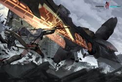  1girl building character_request city clouds cloudy_sky commentary grey_hair grey_sky highres holding holding_sword holding_weapon long_hair making-of_available metal_gear_(series) metal_gear_rising:_revengeance outdoors post-apocalypse punishing:_gray_raven rubble ruins saif_artz sky skyscraper sparkle sword very_long_hair weapon 