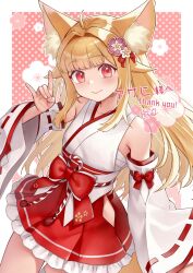  1girl ahoge animal_ear_fluff animal_ears bad_source blonde_hair blunt_bangs bow commission cowboy_shot detached_sleeves flower fox_ears fox_girl fox_shadow_puppet fox_tail frilled_skirt frills hair_flower hair_intakes hair_ornament highres looking_at_viewer mitake_eil nontraditional_miko original pink_background polka_dot polka_dot_background red_bow red_eyes red_ribbon red_skirt ribbon ribbon-trimmed_sleeves ribbon_trim signature skeb_commission skirt smile solo tail thank_you 